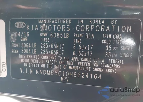 2017 Kia Sedona Lx z USA, uszkodzony, nr VIN KNDMB5C10H6224164